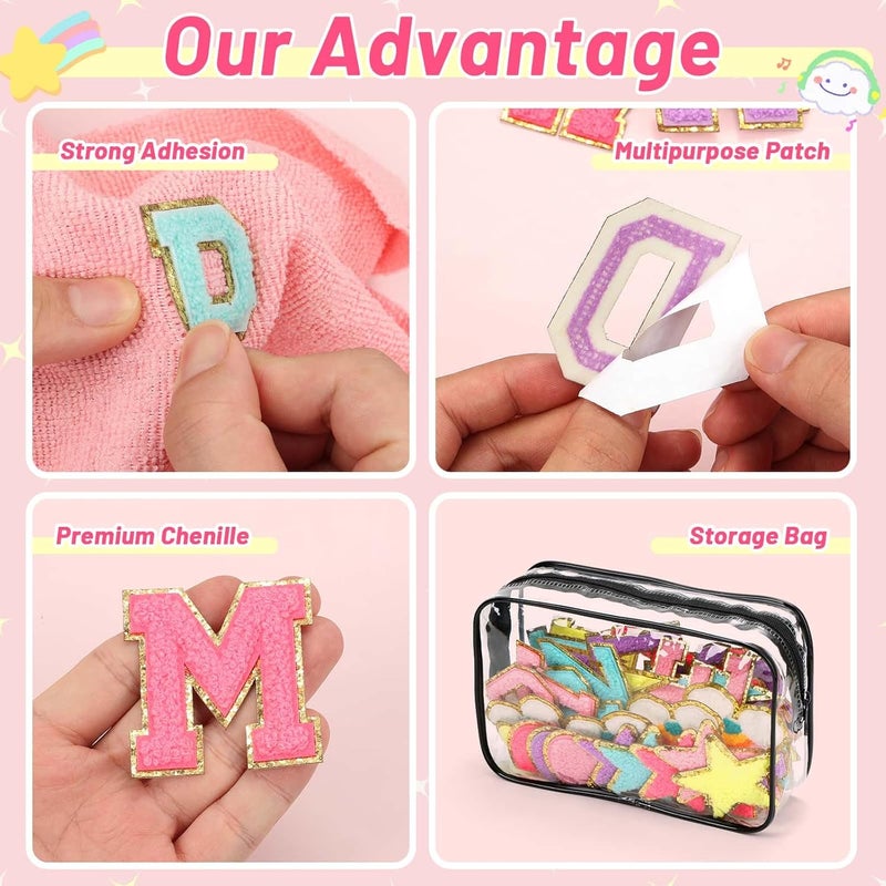 Thrilez Iron on Chenille Letters Patches, 72 Pcs Self Adhesive Patches Alphabets 2.2 Inch Sew on Patches Varsity Initial Fabric Stickers Fuzzy Towel Embroidered Patches for Clothing Caps - Image 4